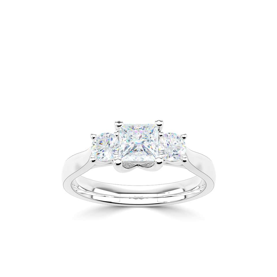 0.82ct Princess & Round Brilliant Cut Diamond Trilogy Ring in Platinum