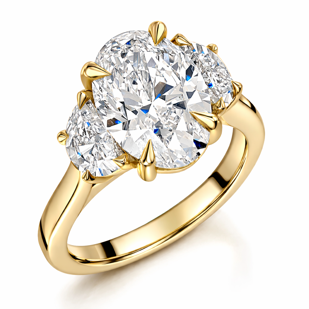 2.52ct Oval Cut Lab Grown Diamond Three Stone Ring in 18ct Yellow Gold
