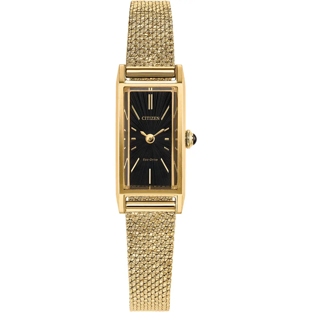 Gold watch with black face on a white background