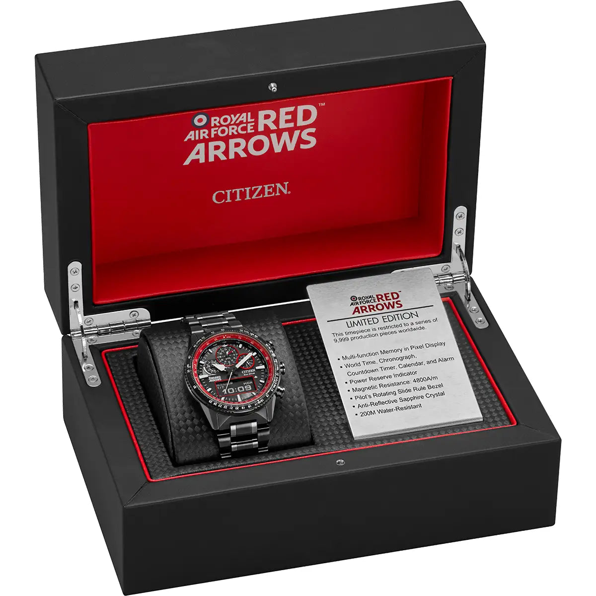 A Citizen Royal Air Force Arrows watch presented in an open black gift box with a red interior. The watch has a black and red dial with a silver-tone metal case and bracelet, resting on a black textured cushion next to a white product card.
