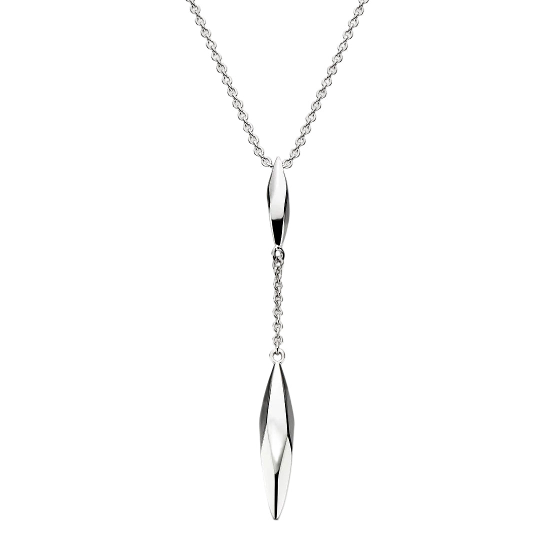 A silver-toned geometric dangle necklace featuring a faceted elongated pendant and a smaller dangling element, suspended from a delicate chain against a light gray background.