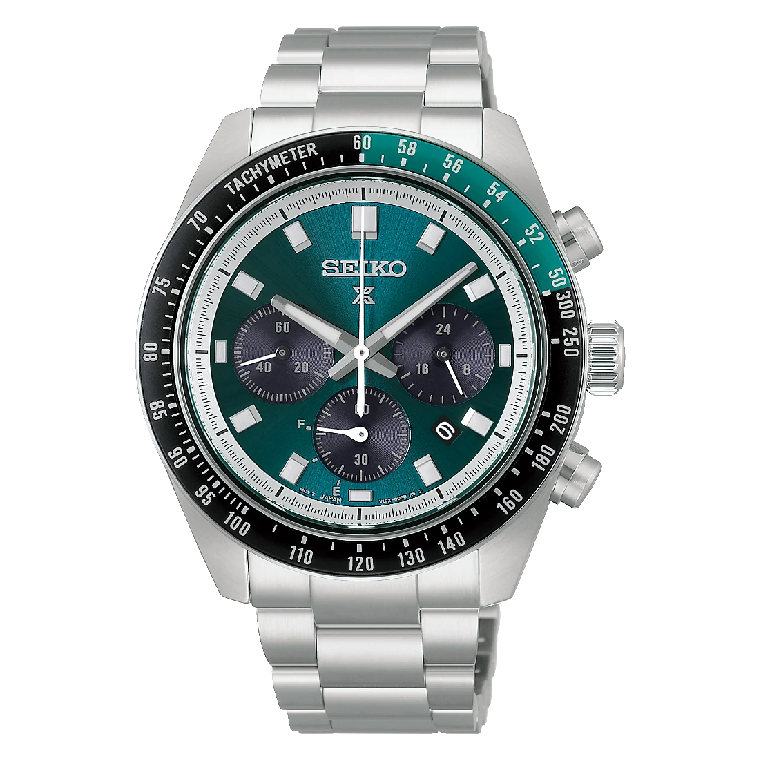 A Seiko chronograph watch with a silver stainless steel bracelet and case, featuring a dark green dial, black tachymeter bezel, and dark purple subdials.