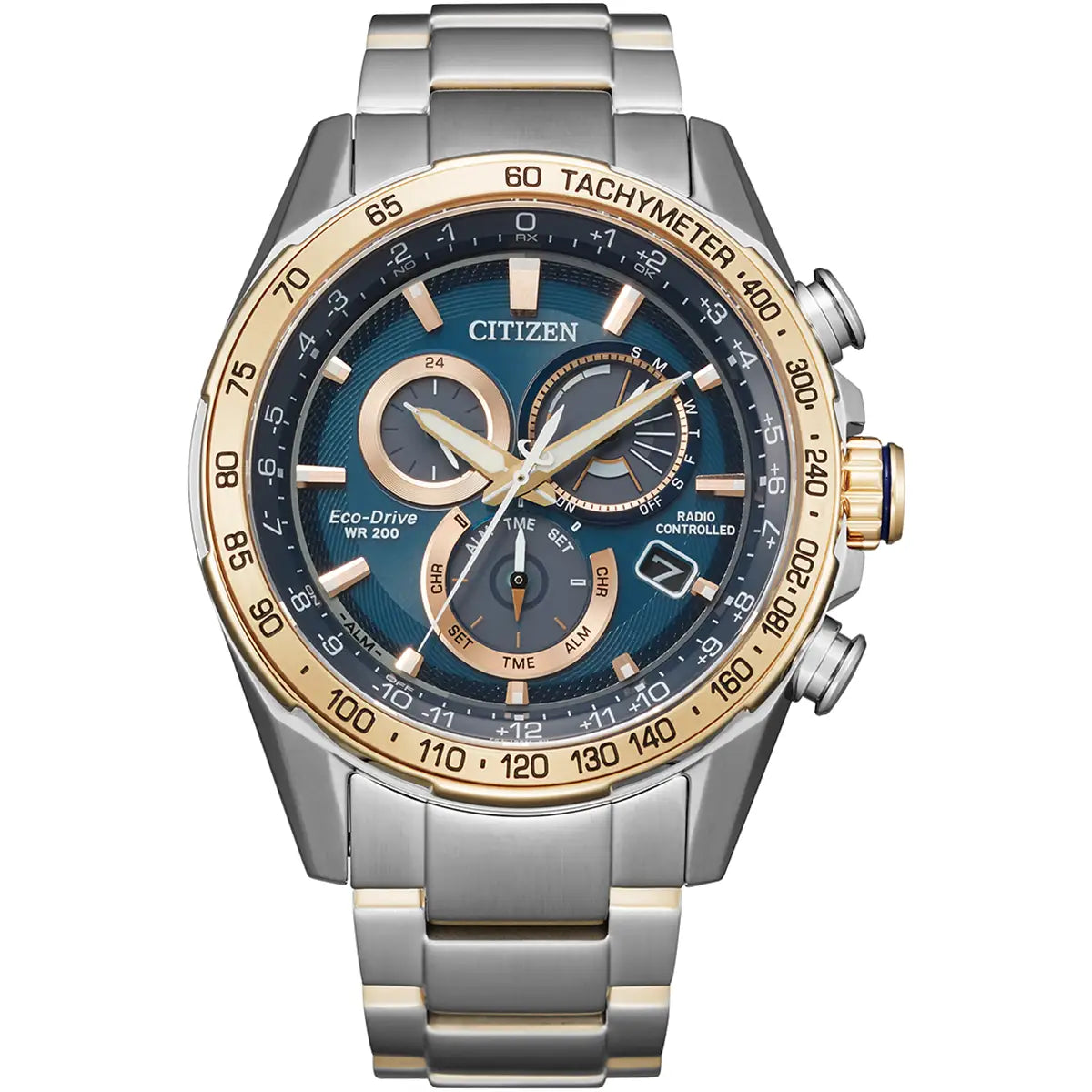 Citizen watch with silver and gold case on a white background