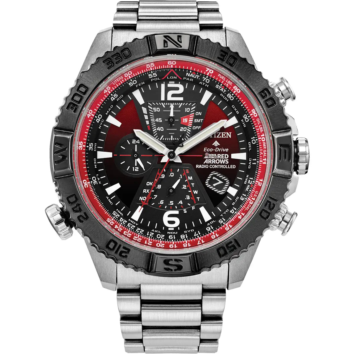 Citizen watch with a silver and black strap on a white background