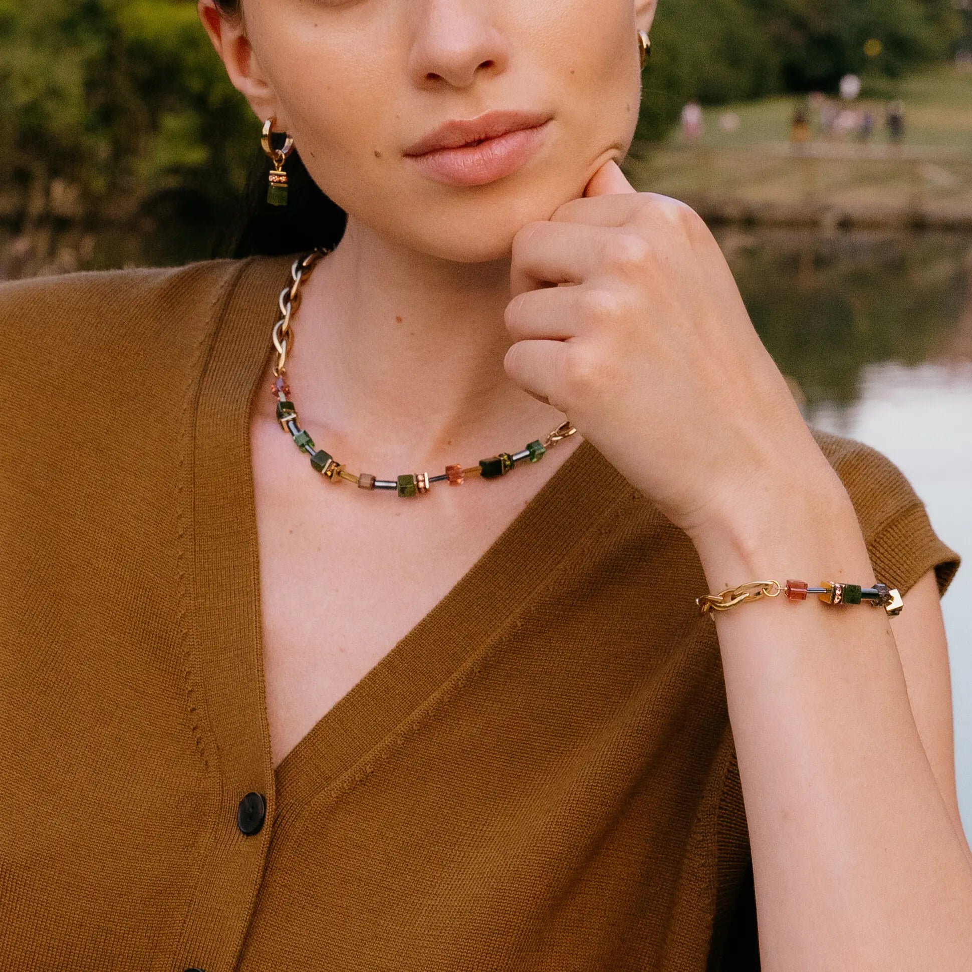 Coeur De Lion GeoCUBE® Chunky Chain Gold-Green Necklace