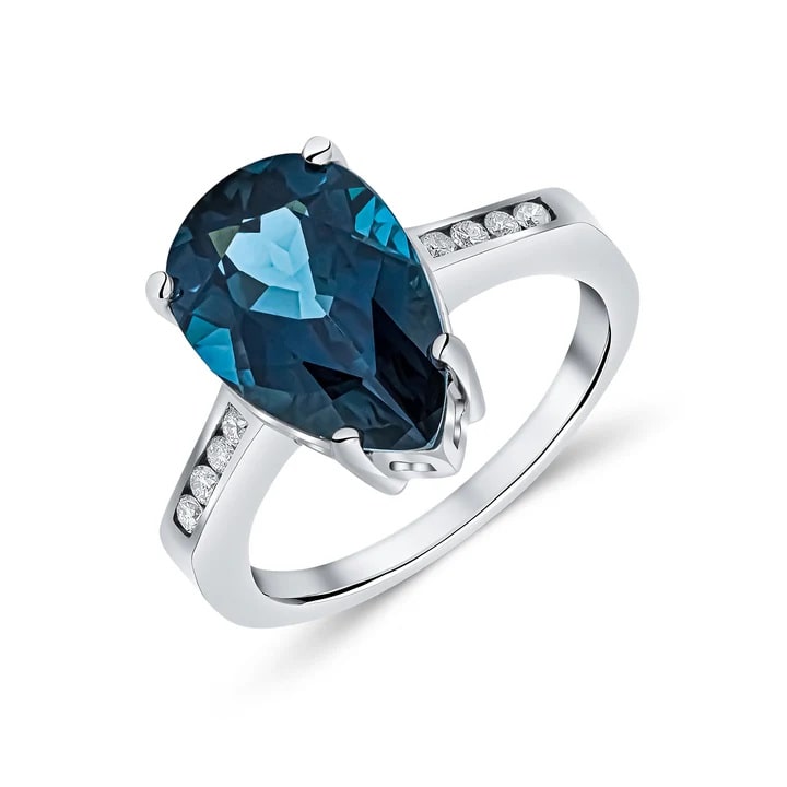 9CT White Gold Pear Shaped London Blue Topaz & Diamond Ring