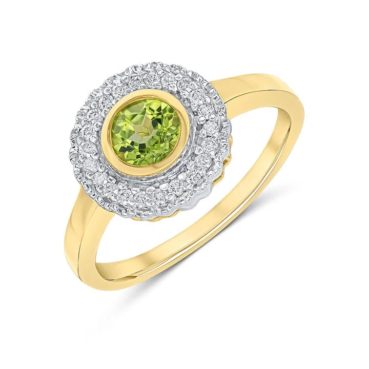 9CT Yellow Gold Round Rubover Peridot Diamond Cluster Ring