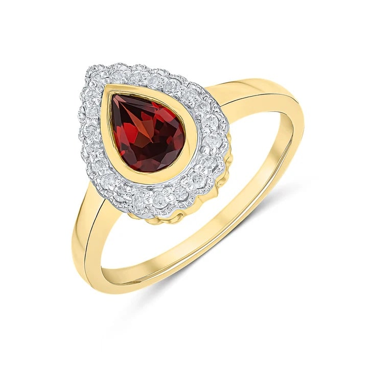 9CT Yellow Gold Rubover Pear Shaped Garnet Diamond Cluster Ring