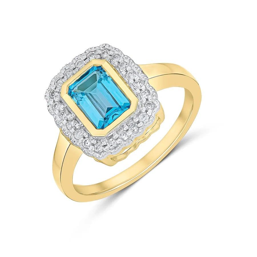 9CT Yellow Gold Swiss Blue Topaz & Round Diamond Cluster Ring