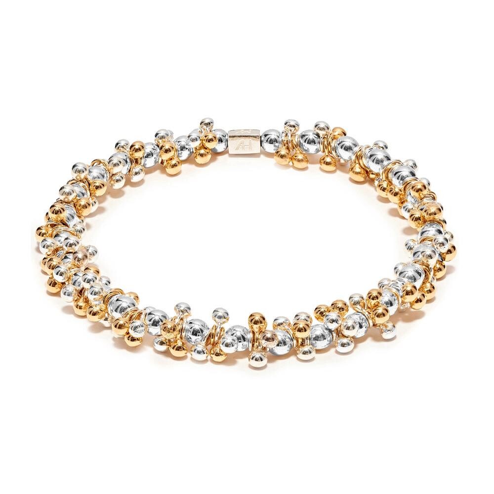 A two-tone gold and silver beaded stretch bracelet with a rectangular clasp, displayed on a clean white background.