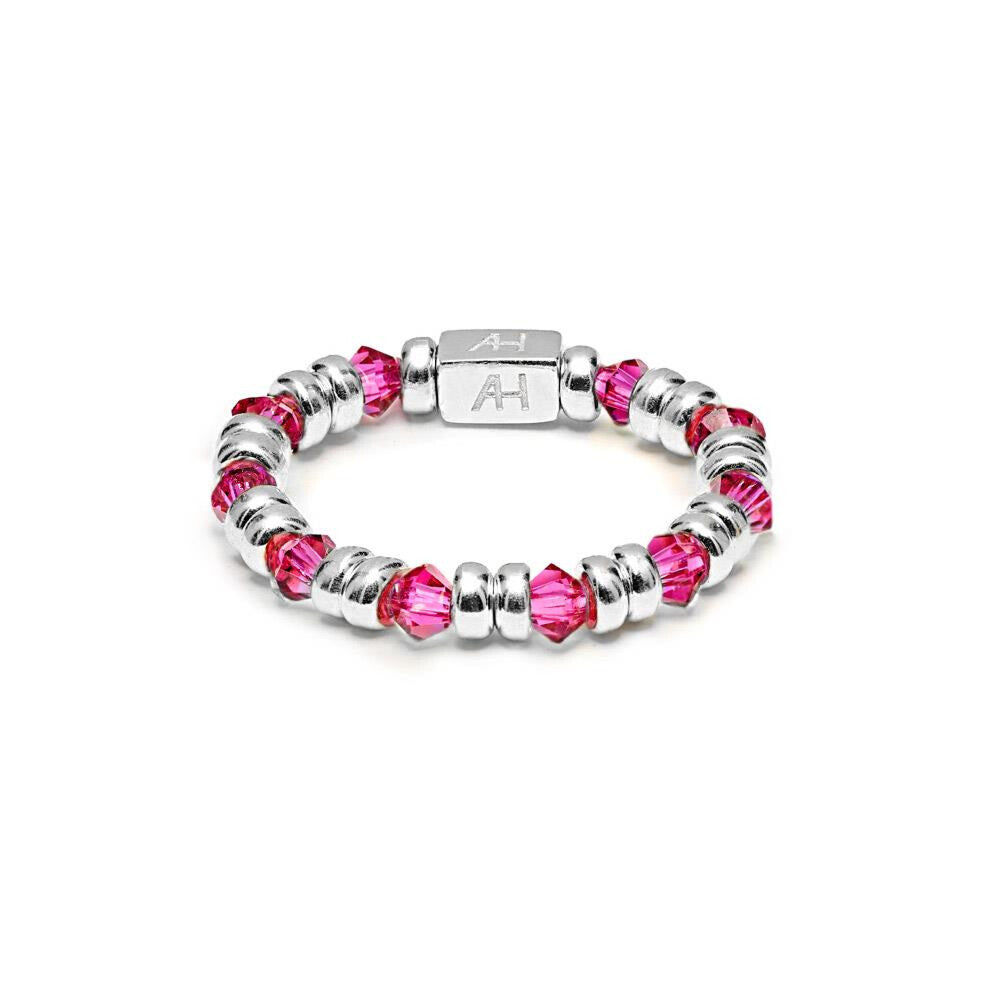 A silver beaded stretch bracelet featuring faceted pink crystal beads and textured silver spacer beads, with a rectangular silver clasp engraved with 'AH'.