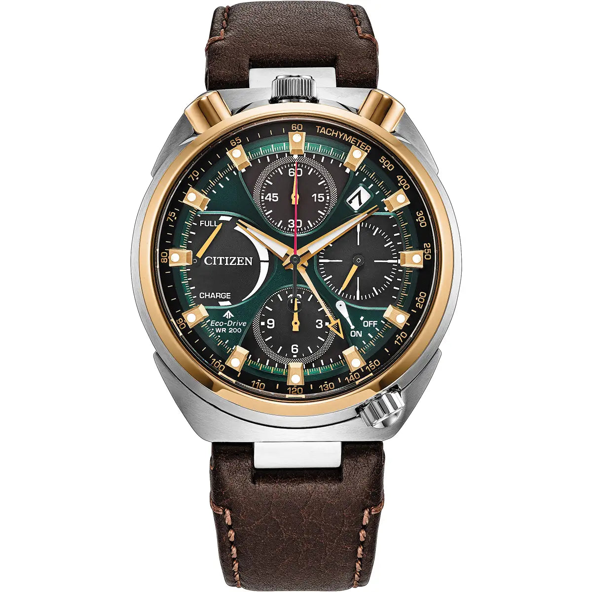 Citizen men's chronograph watch with a dark green dial, gold-tone and silver-tone case accents, and a brown leather strap, shown on a white background.