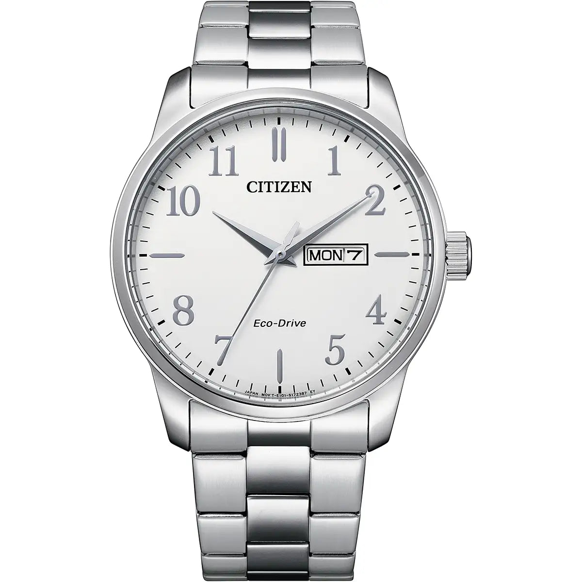 Silver Citizen watch with a white dial on a white background