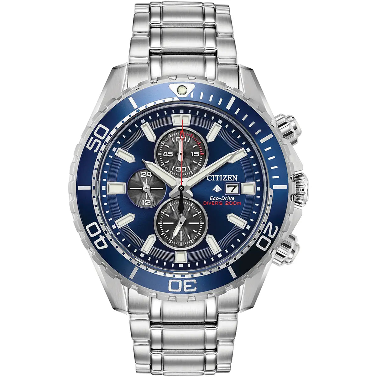 Silver and blue Citizen watch on a white background