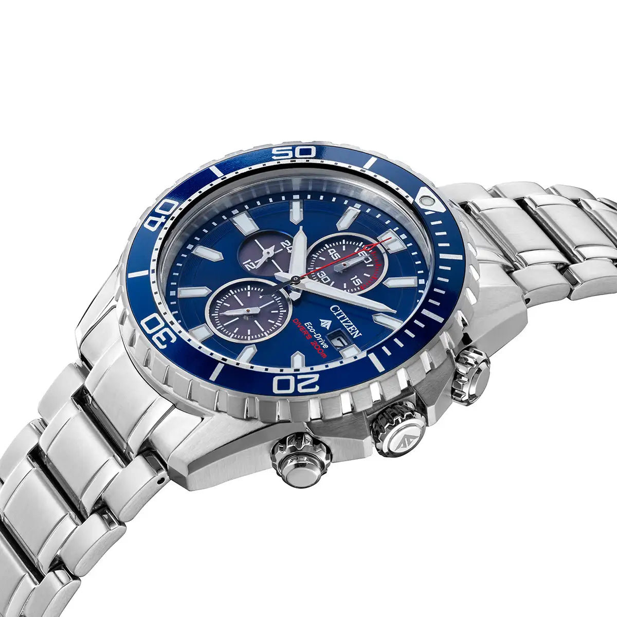 Citizen watch with blue bezel and silver metal strap on a white background