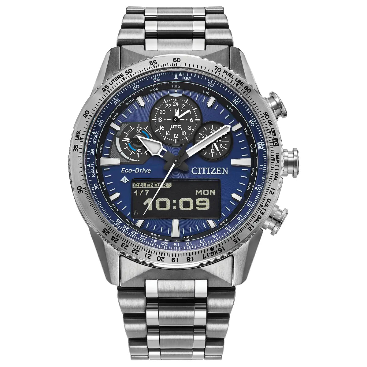 Silver Citizen watch with blue face on a white background