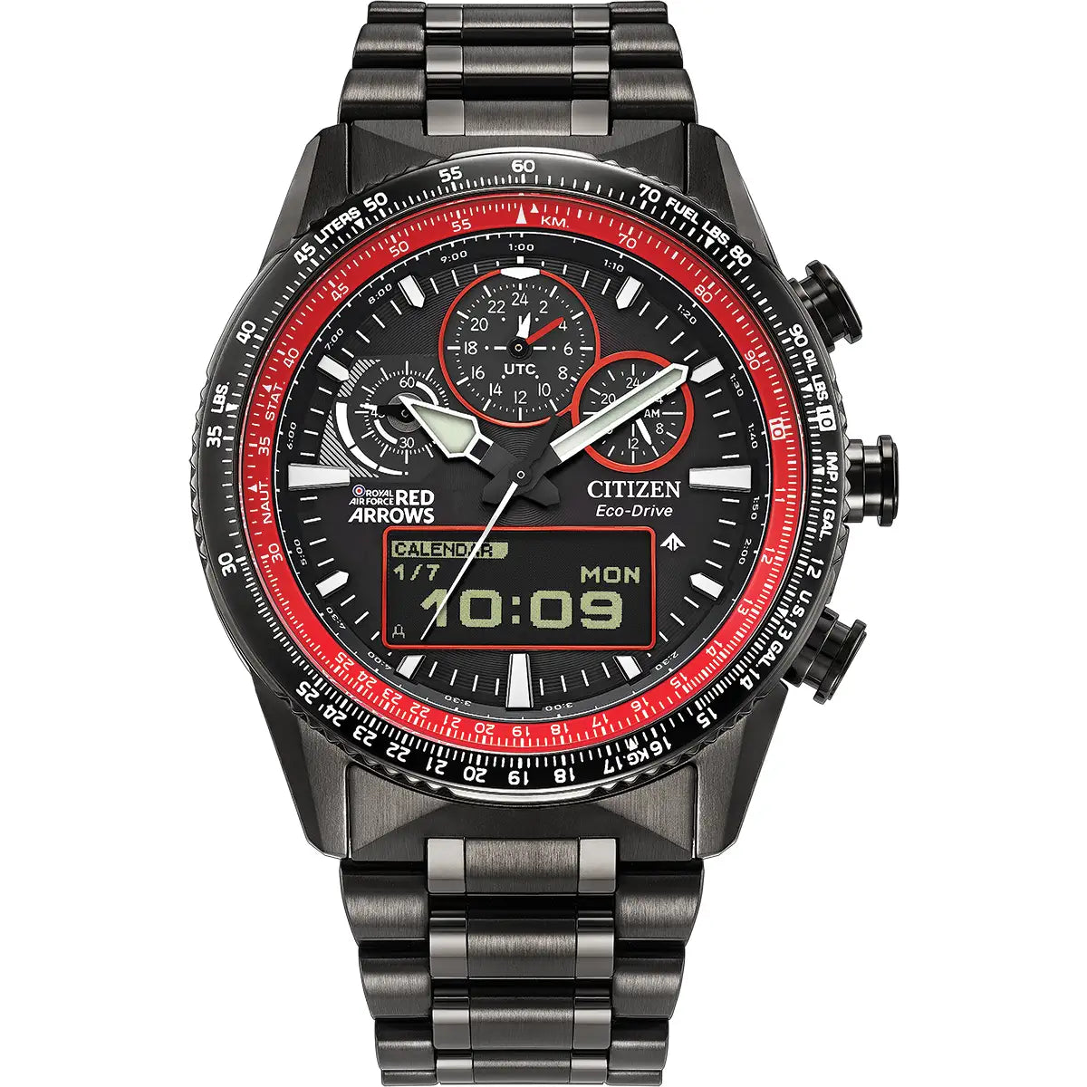 Citizen Eco-Drive watch with a dark gray metal case and link bracelet, featuring a black dial with red accents, white sub-dials, and a digital display window.