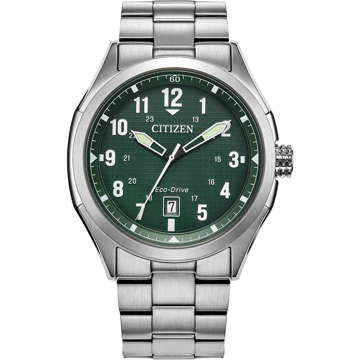 Silver watch with green dial on a white background