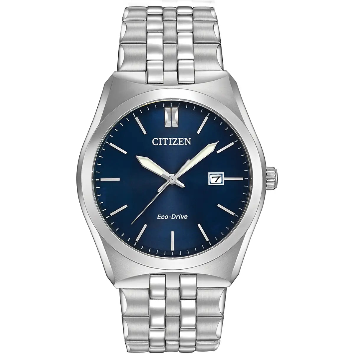 Silver Citizen watch with blue dial on a white background
