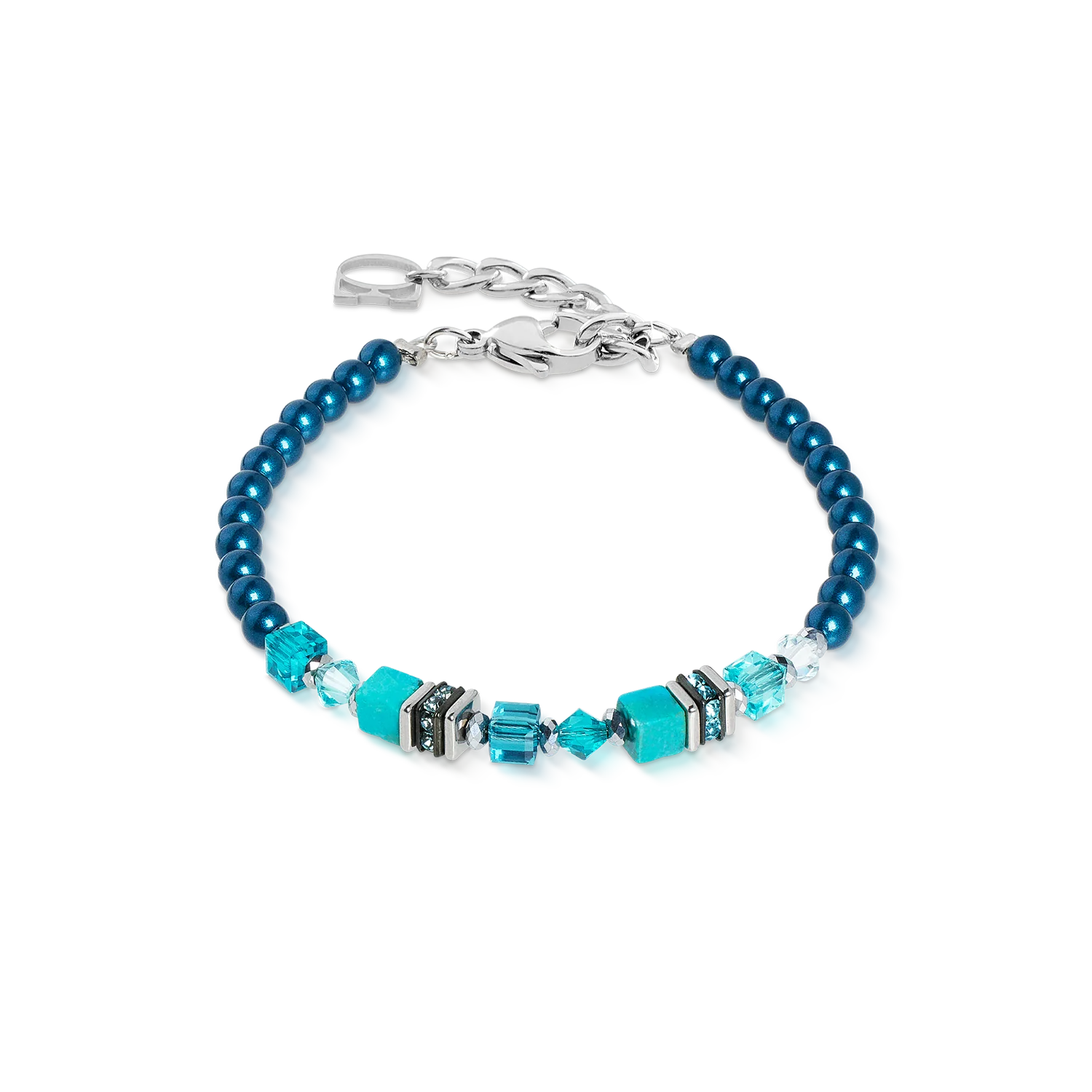 A beaded bracelet featuring dark teal round beads, turquoise and light blue faceted beads, and silver-toned spacer cubes with clear crystals, finished with a silver lobster clasp and extender chain.