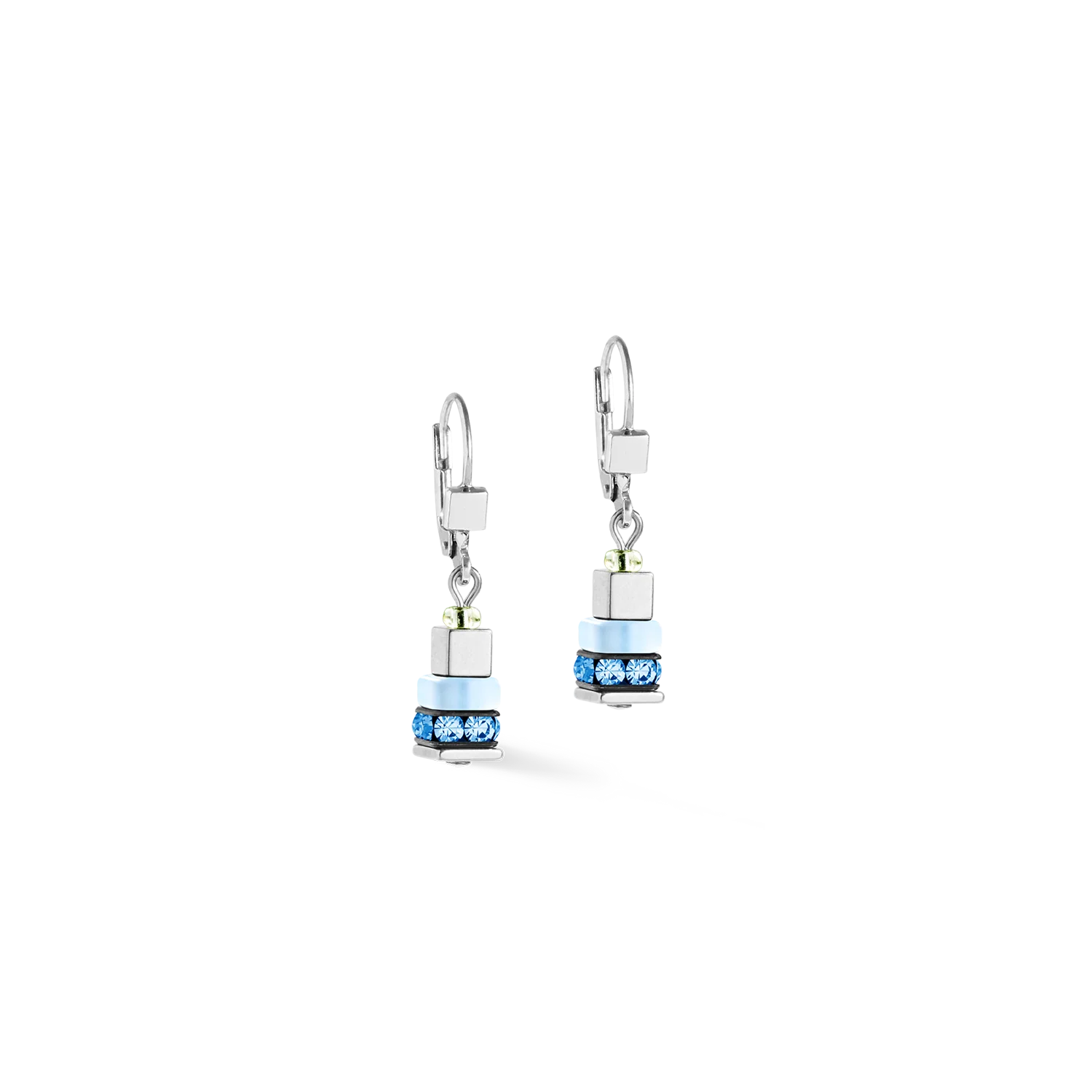 Pair of earrings with blue gemstones on a white background