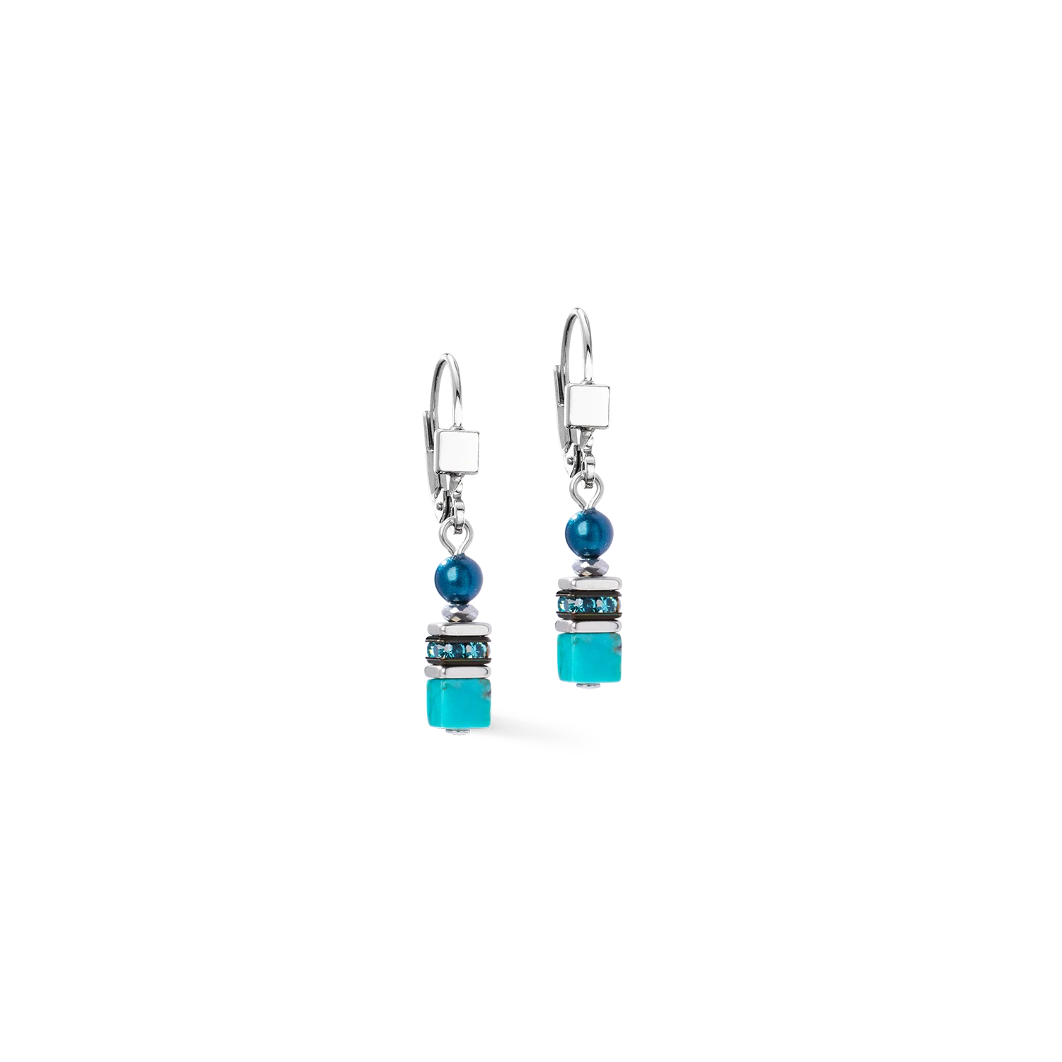 A pair of silver leverback dangle earrings featuring a small blue bead, a spacer with tiny dark stones, and a larger turquoise-blue square bead at the bottom, shown on a plain white background.