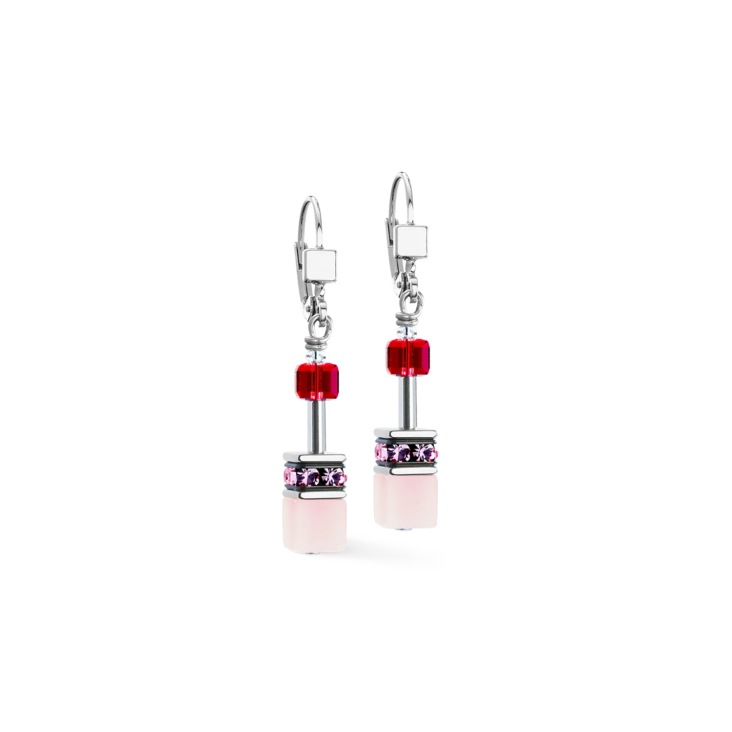 Pair of earrings with pink and red accents on a white background