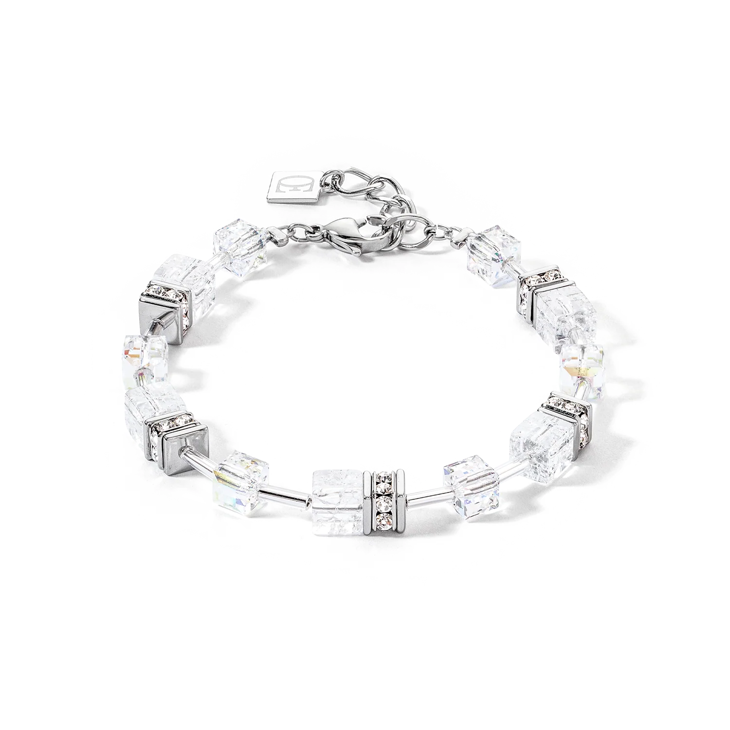 A silver-toned bracelet featuring clear faceted crystal cube beads and small clear rhinestone accents, displayed on a clean white background.