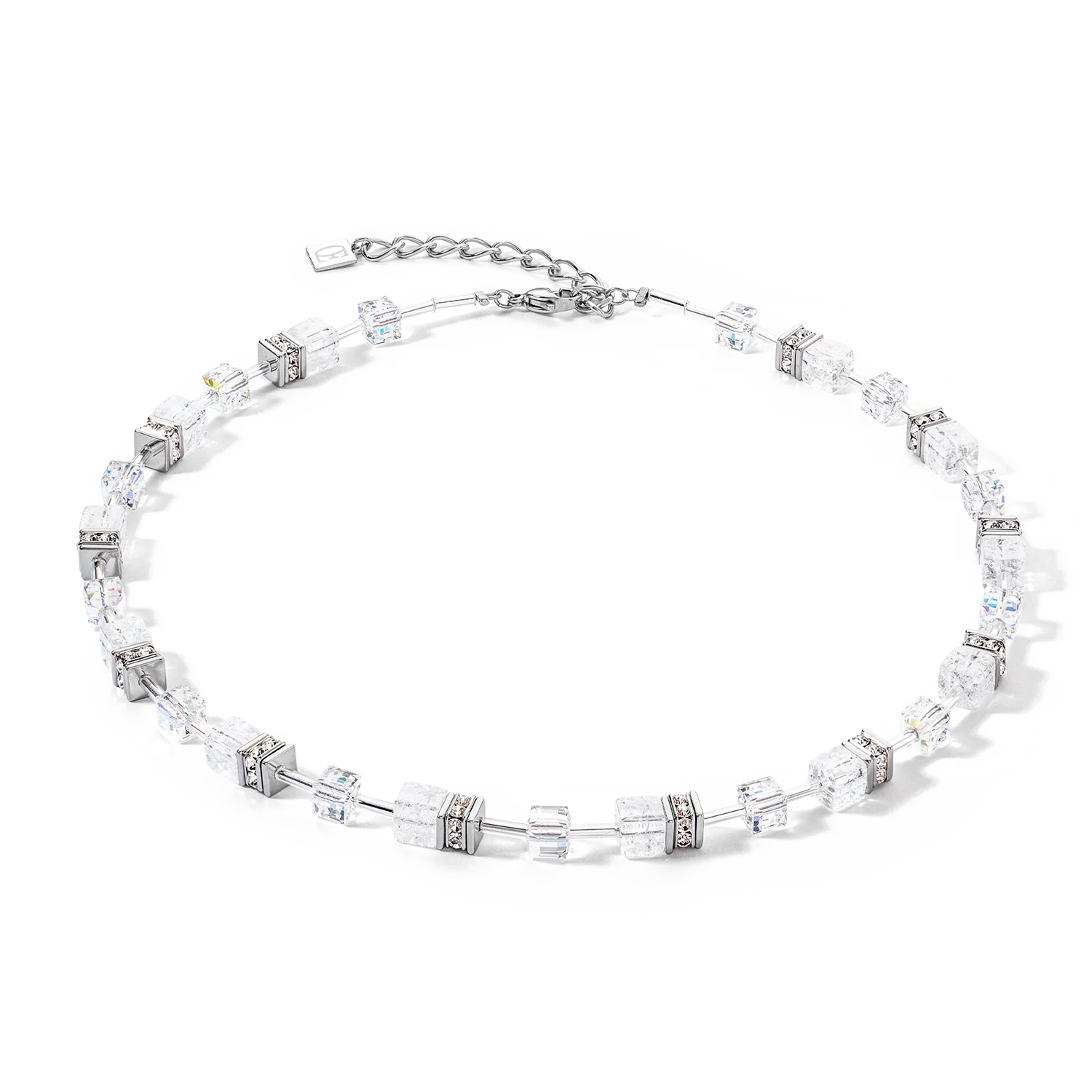 A silver-toned crystal choker necklace with clear faceted cube beads and silver spacer details, displayed on a clean white background.