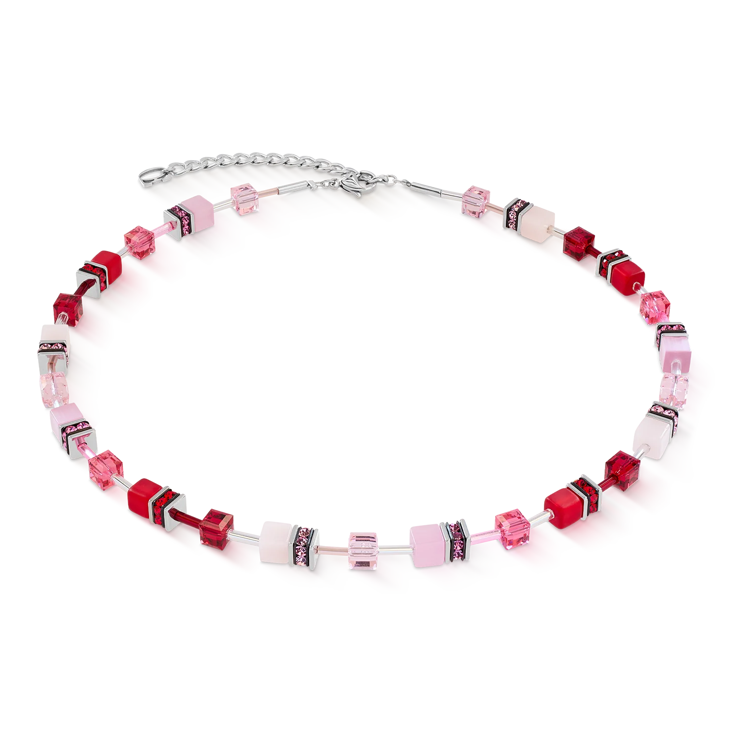 Necklace with pink and red beads on a white background