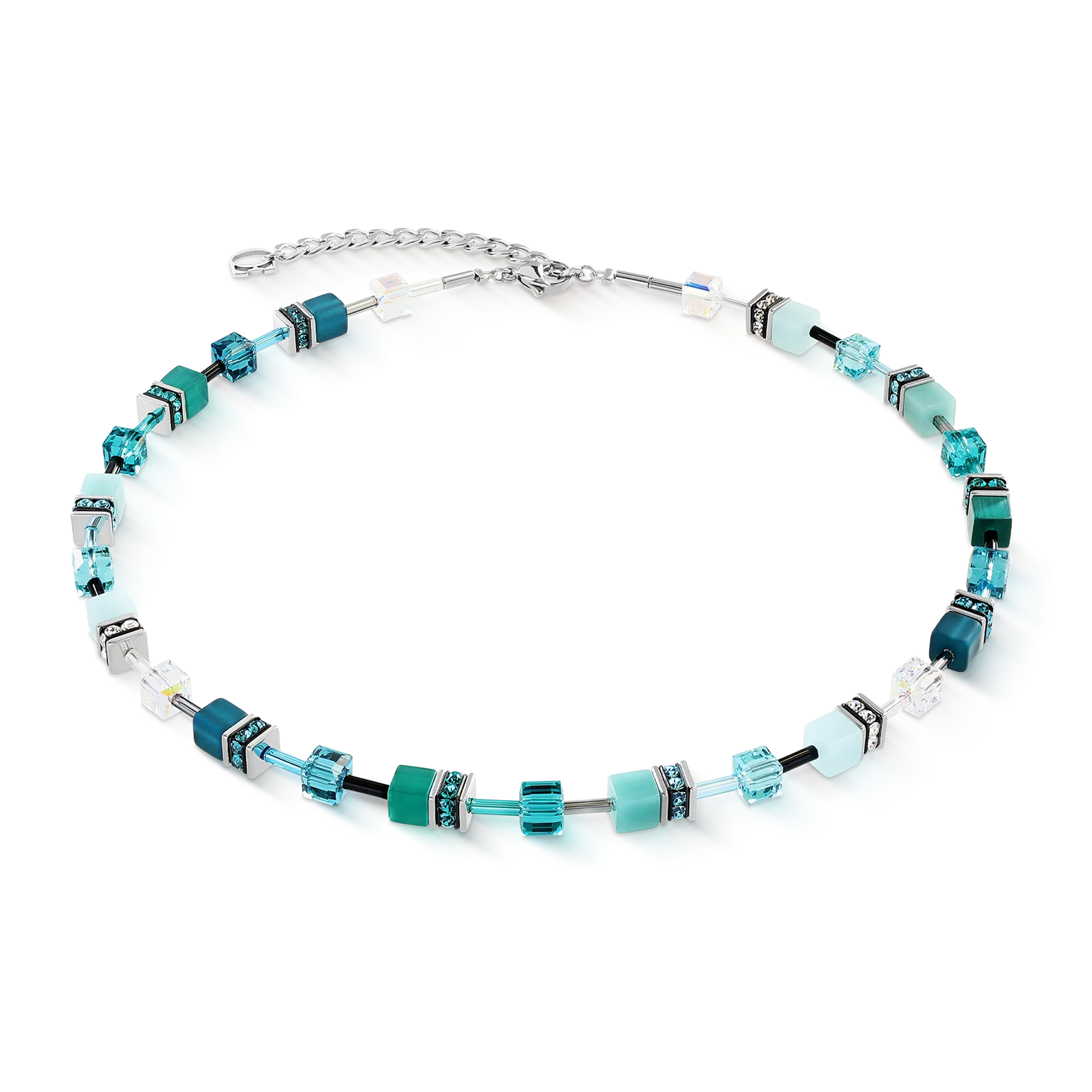 Necklace with blue and silver beads on a white background