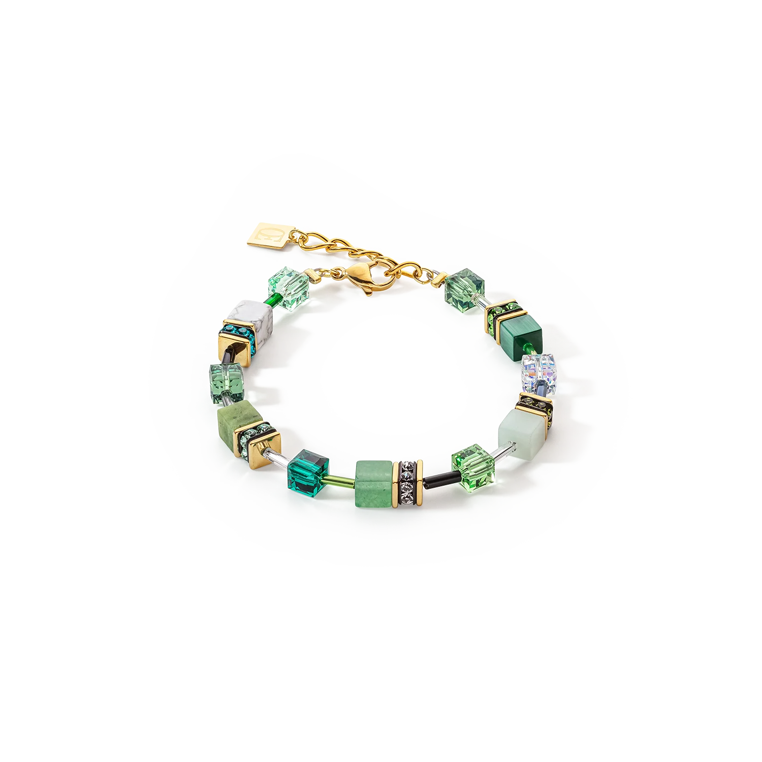 Bracelet with green and gold beads on a white background
