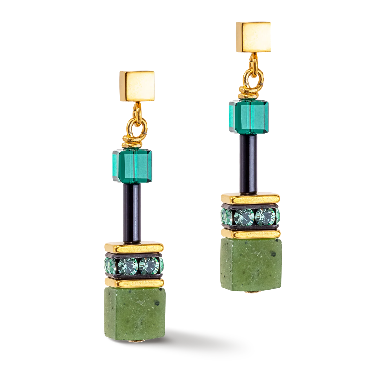 A pair of geometric drop earrings featuring faceted green crystal beads, polished gold-plated metal frames, a dark navy vertical bar, and a row of small round blue-green crystals in the center, set against a plain white background.