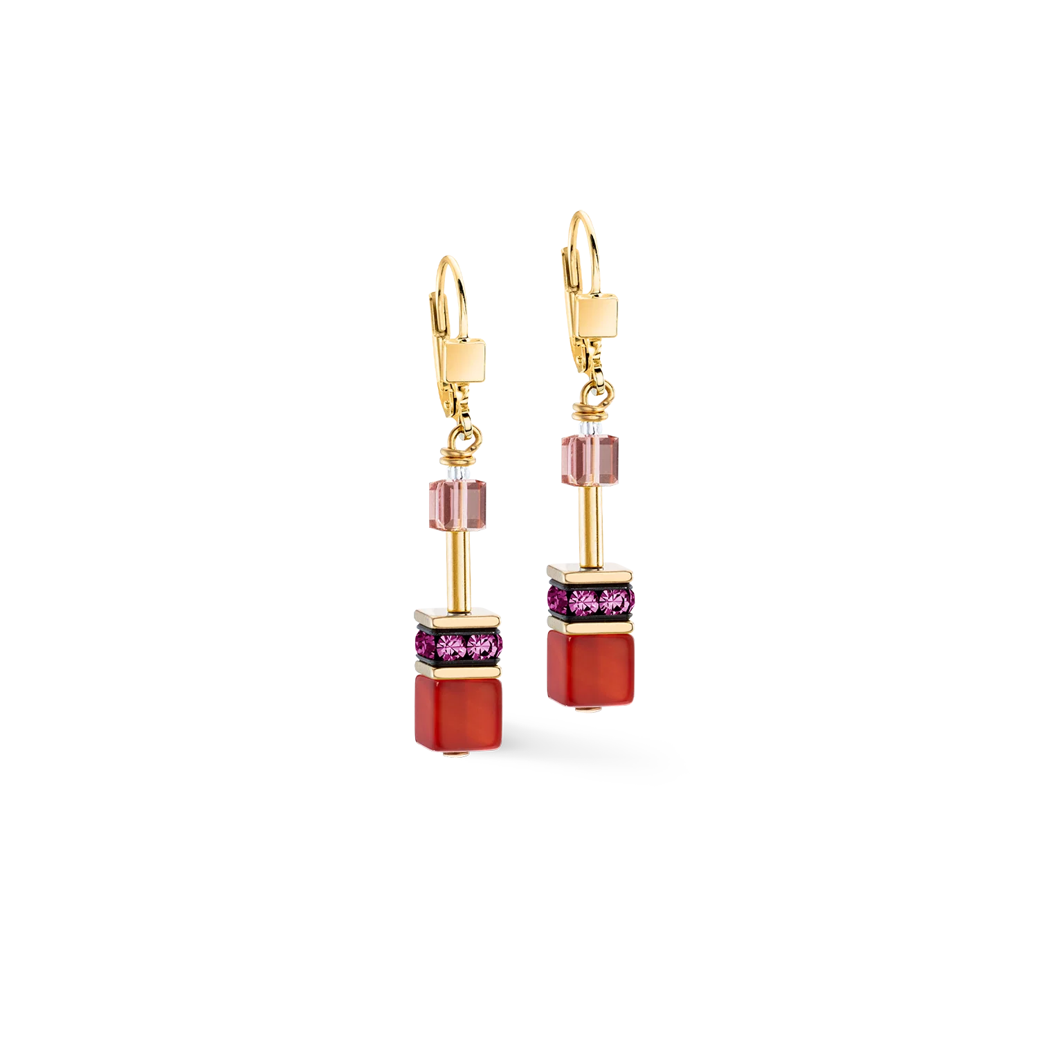 A pair of gold leverback drop earrings featuring rectangular red beads, pink crystal cubes, and a band of small purple crystals, set against a plain white background.