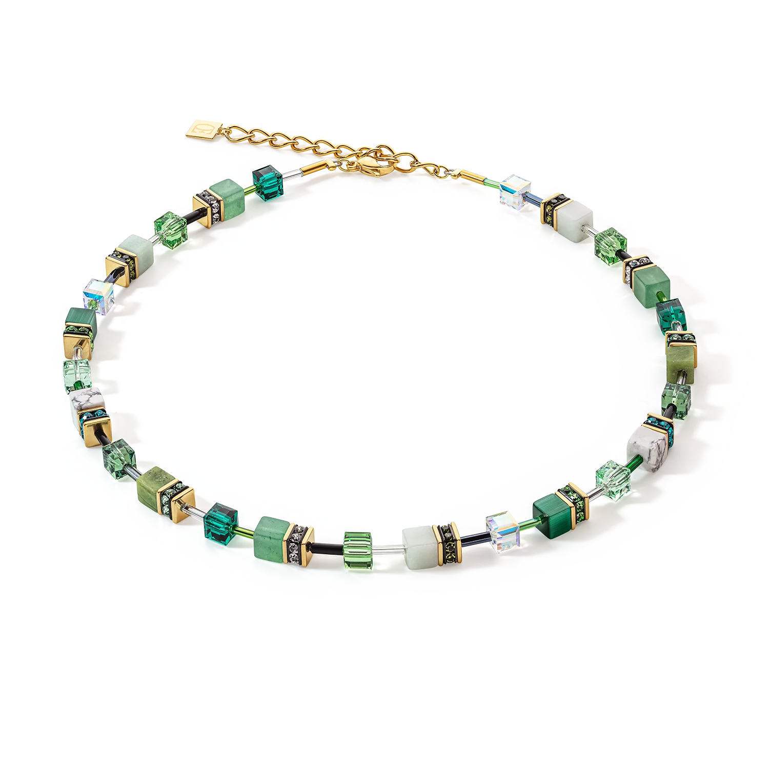 A beaded necklace with green and white glass beads, gold spacer details, and a gold clasp chain, displayed on a clean white background.