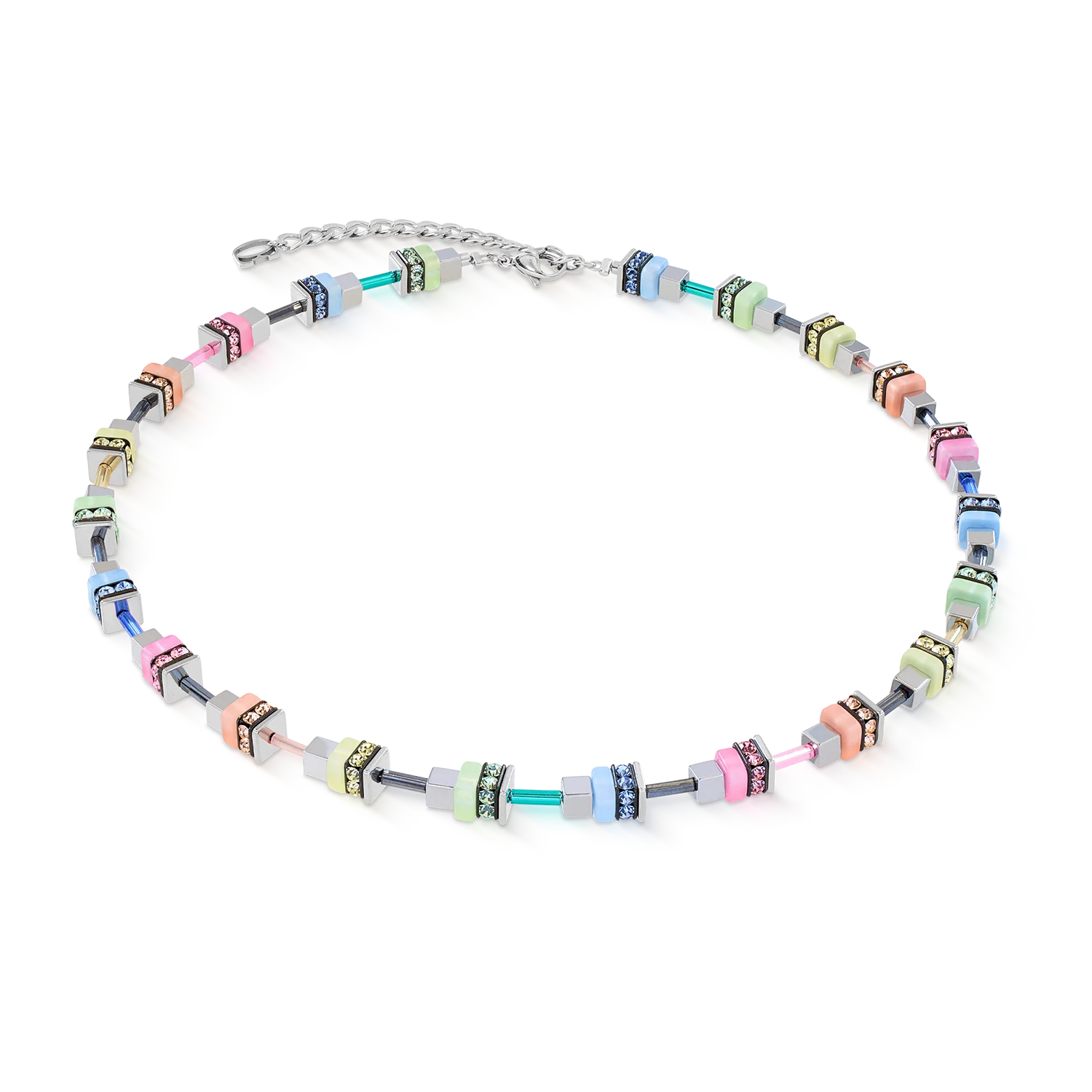 Colorful beaded necklace on a white background