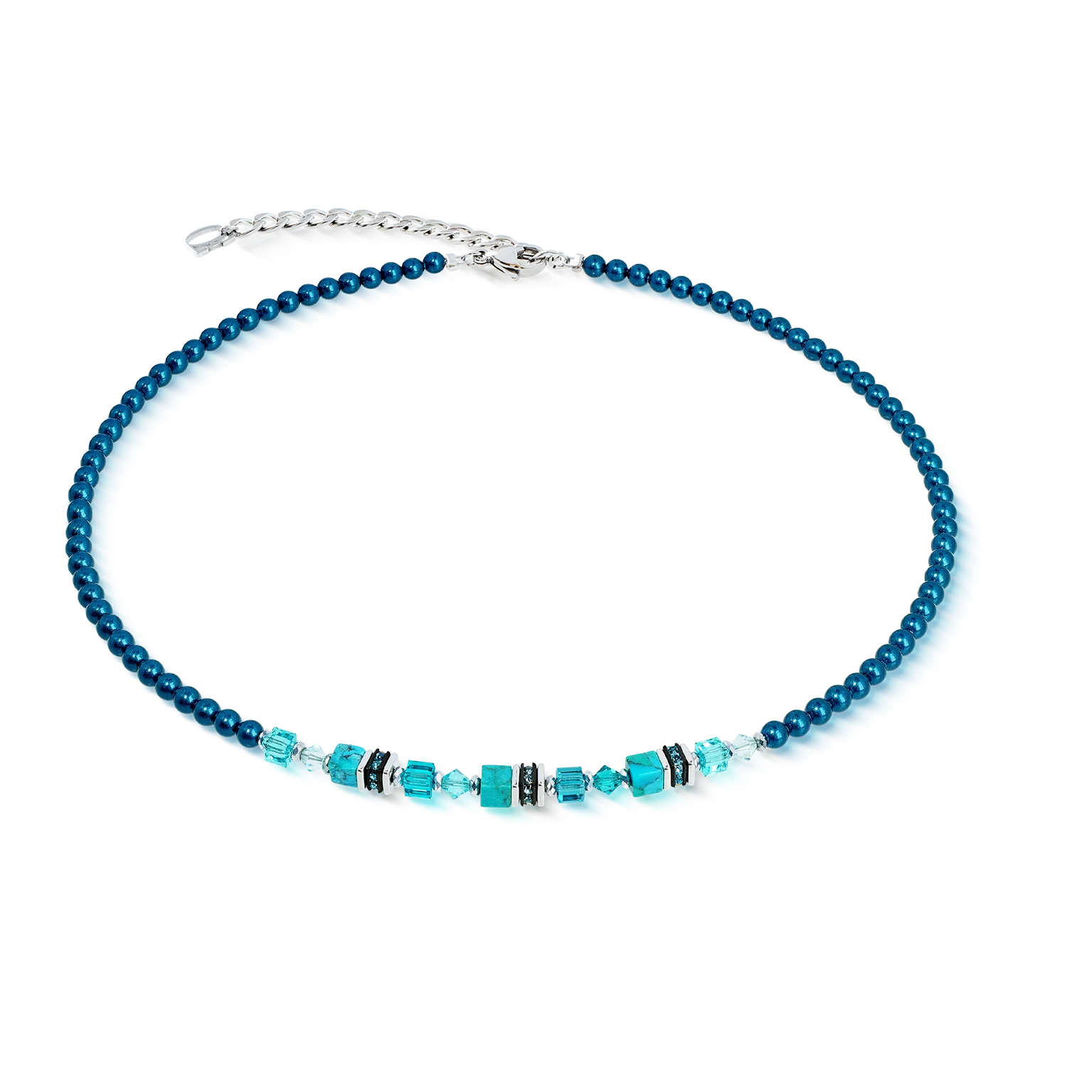 A beaded necklace featuring dark teal-blue round beads with a central row of turquoise and light blue faceted beads separated by small silver and black spacer rings, finished with a silver-tone extender chain and clasp.