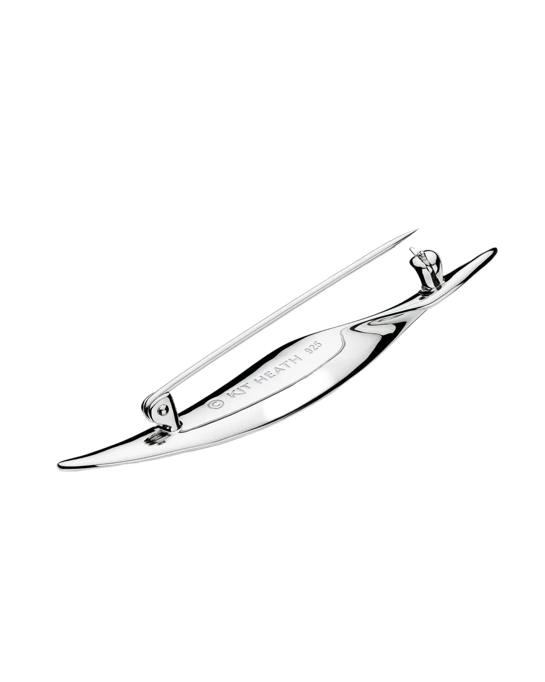 A polished silver-tone metal pin shaped like a stylized leaf or boat, photographed on a clean light gray background. The pin has engraved text reading 'K.