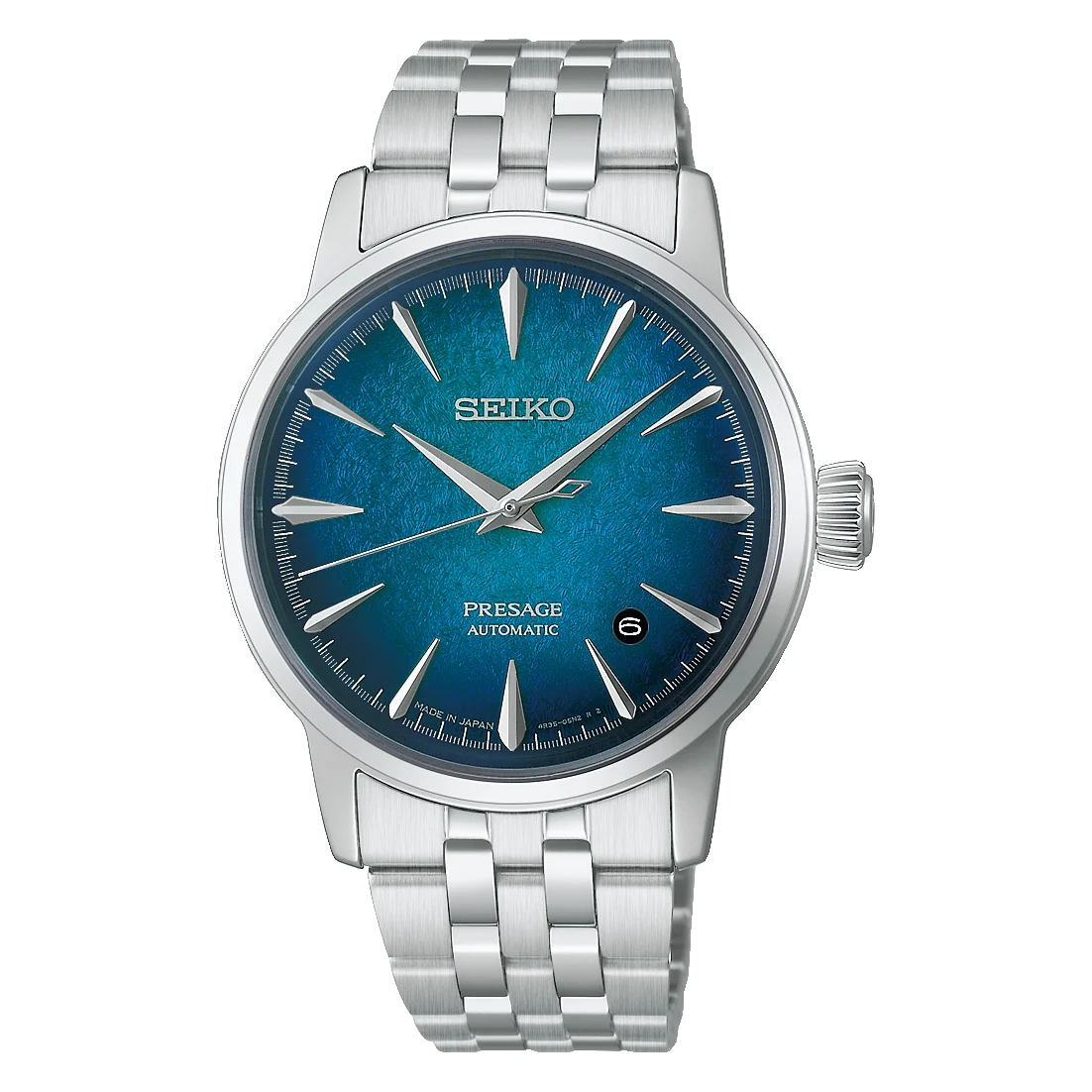A Seiko Presage Automatic watch with a textured blue dial and a silver stainless steel case and link bracelet, shown on a plain white background.