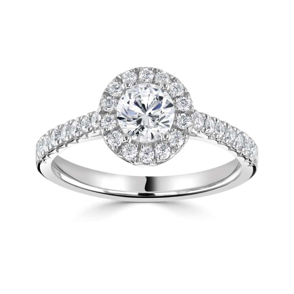 Classic Round Halo Ring with Fishtail Diamond Set Shoulders