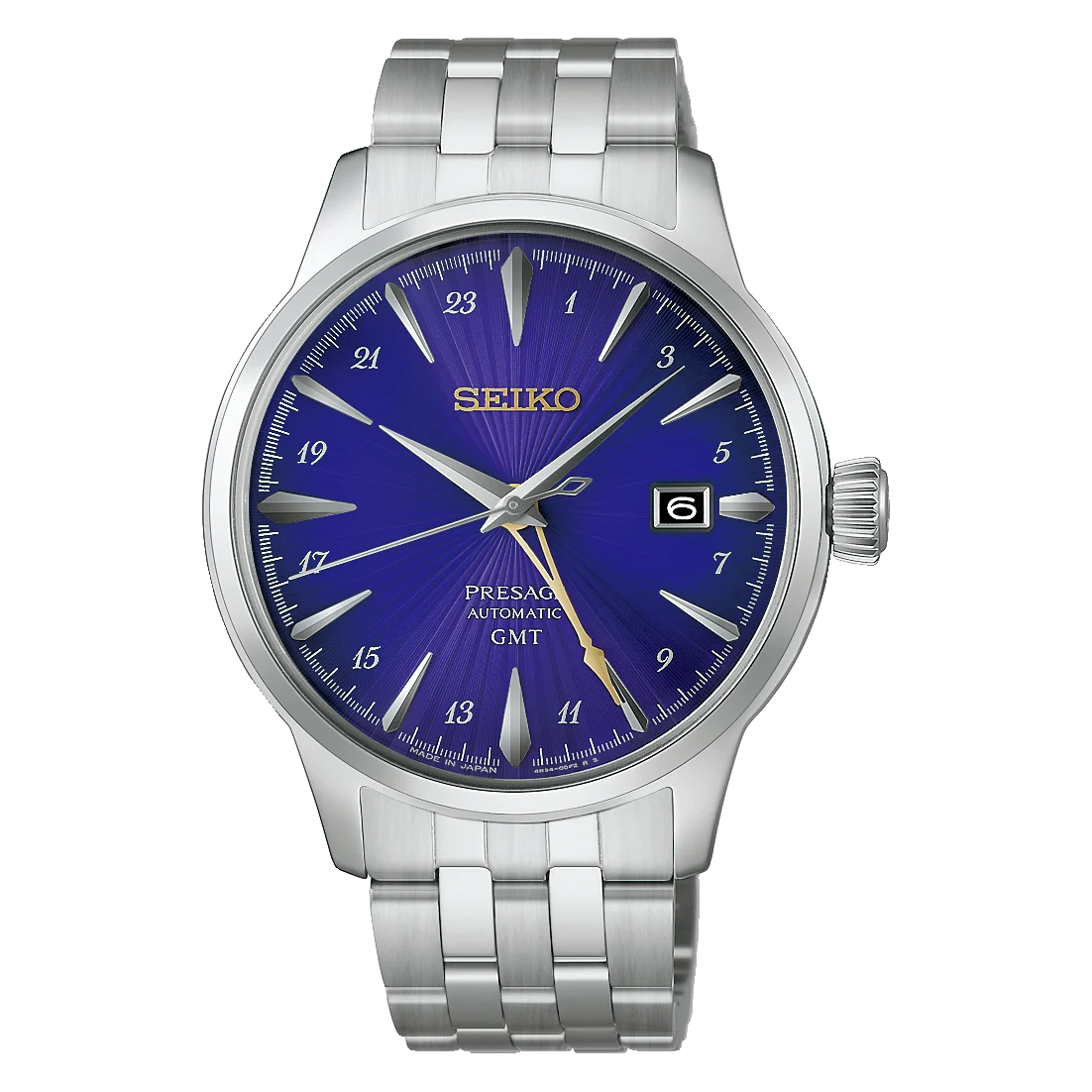 A Seiko Pressurized Automatic GMT watch with a silver stainless steel case and link bracelet, featuring a vibrant blue sunburst dial with gold accents and markers.