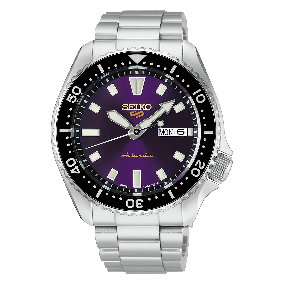 A Seiko stainless steel wristwatch with a purple dial and a black rotating bezel, shown against a plain white background.