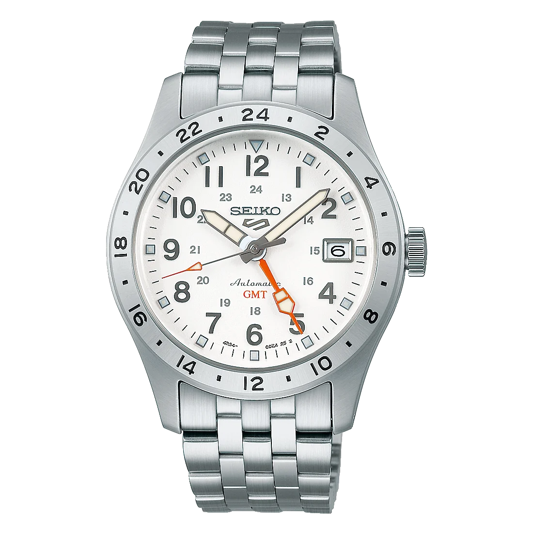 Silver Seiko watch with a white dial on a white background