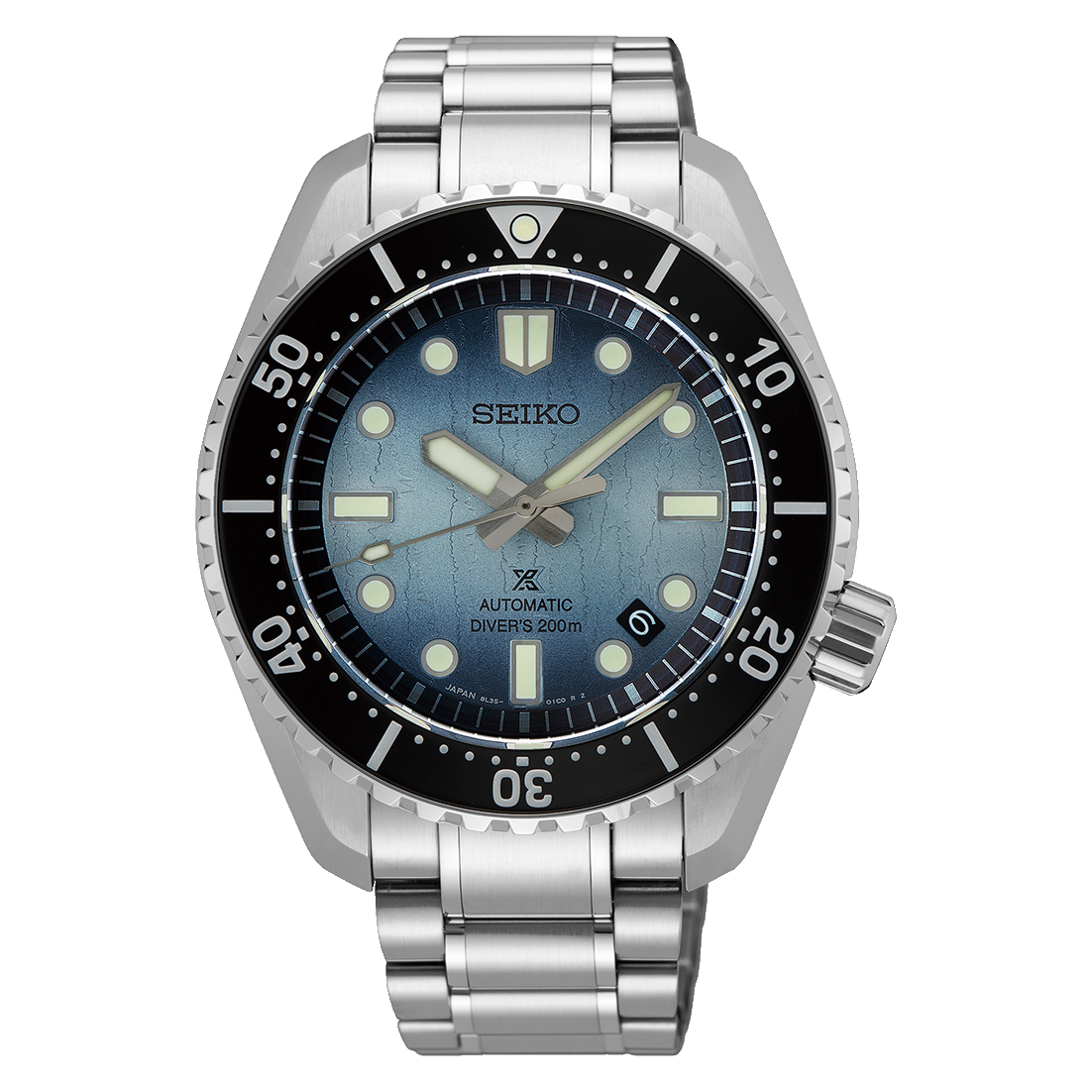 Seiko watch with silver metal strap and blue dial on a white background