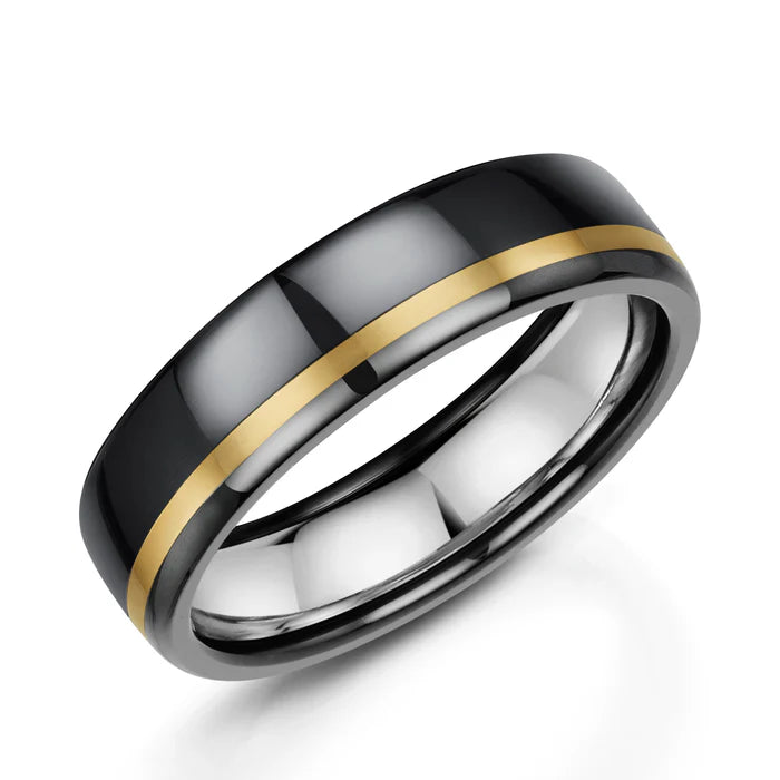 Men's Zedd 9ct Yellow Gold, Zirconium & Silver Inlay Band ZZ501