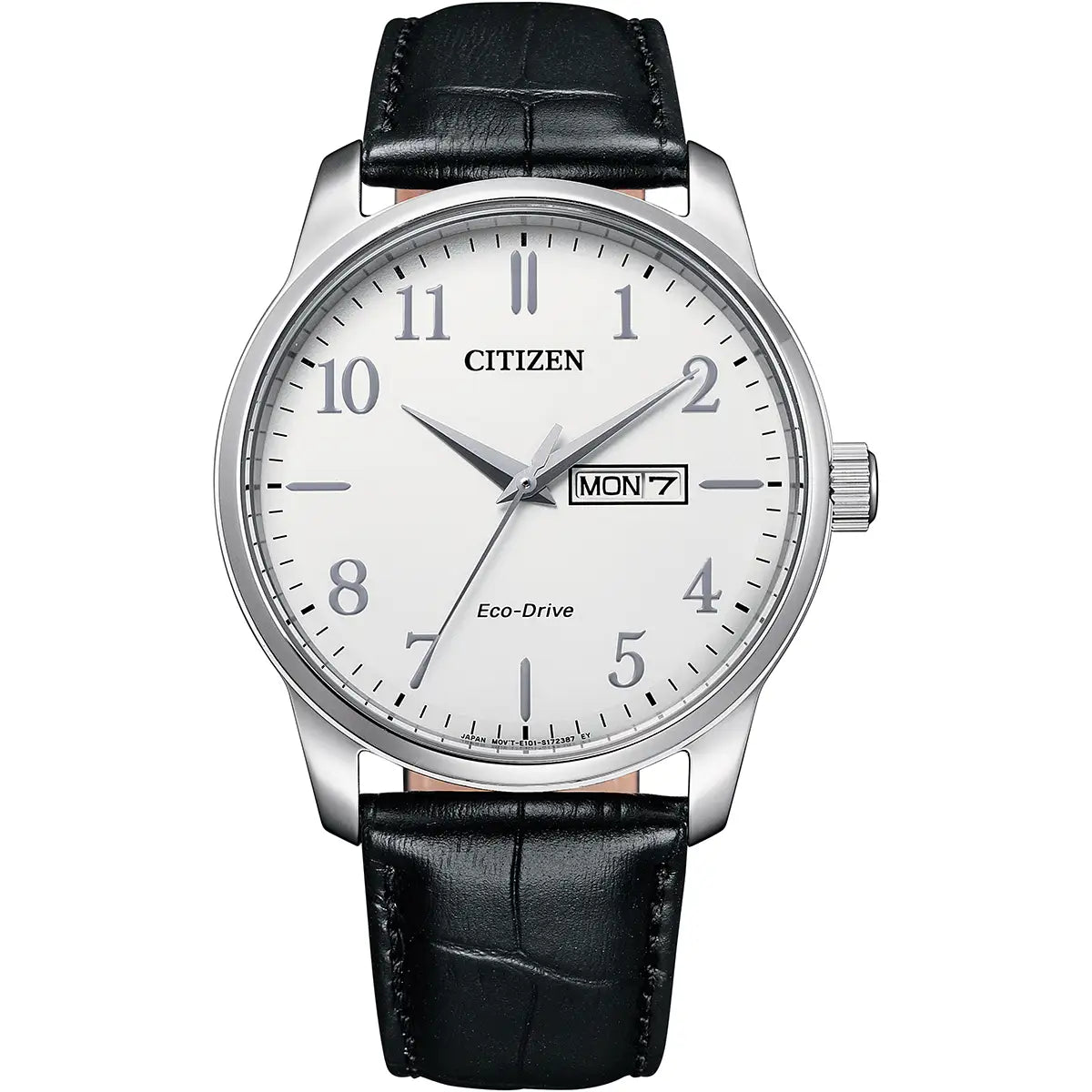 Citizen watch with black leather strap on a white background