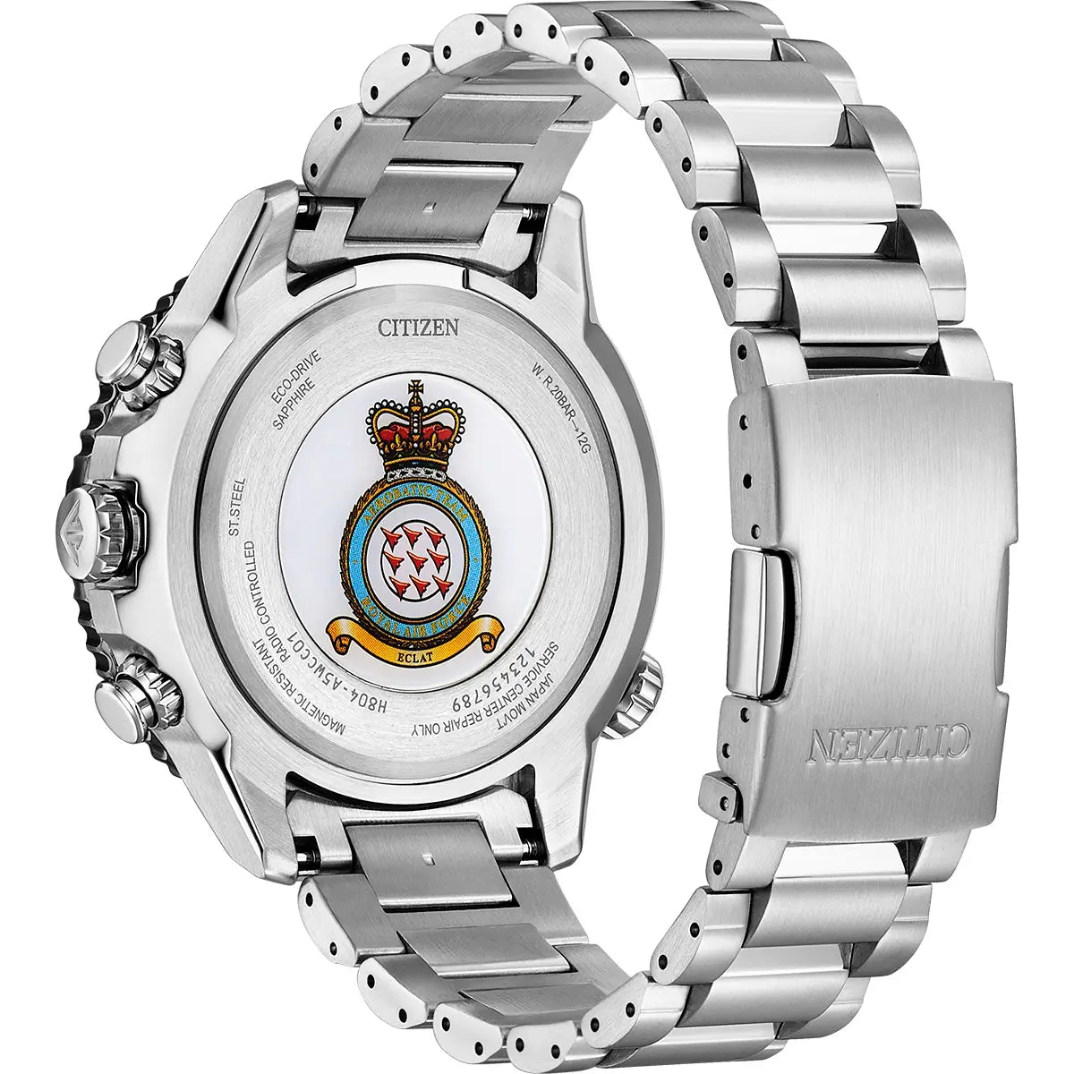 Silver Citizen watch with detailed emblem on a white background