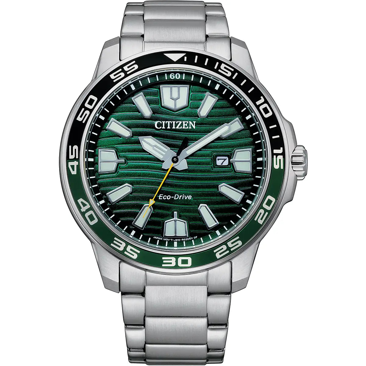 Citizen watch with green face and silver bracelet on a white background