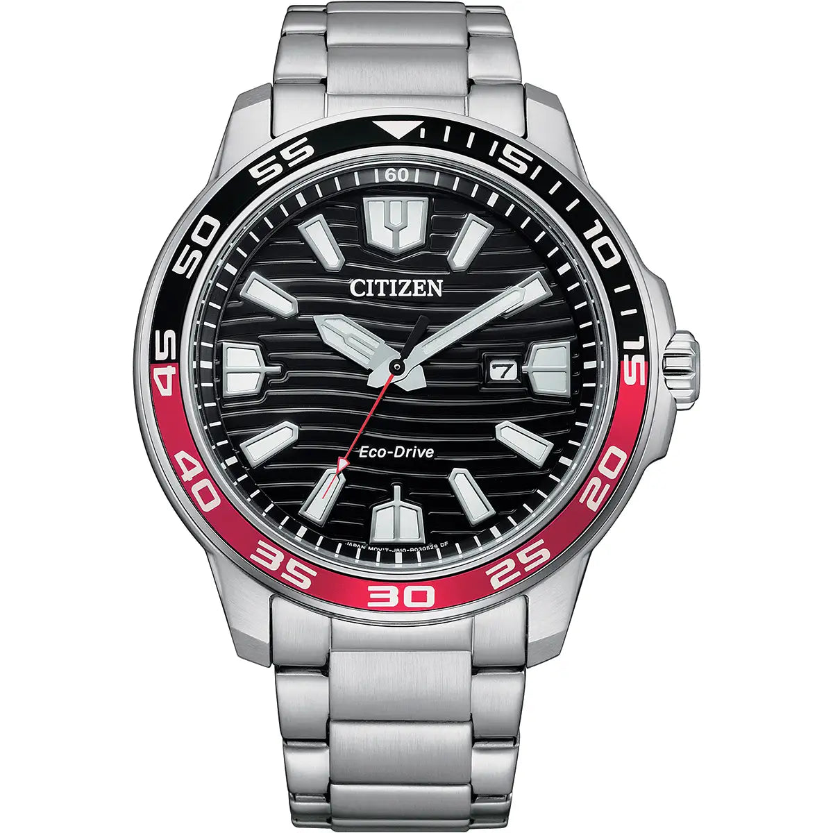 Citizen watch with black face, red accents, and silver bracelet on a white background