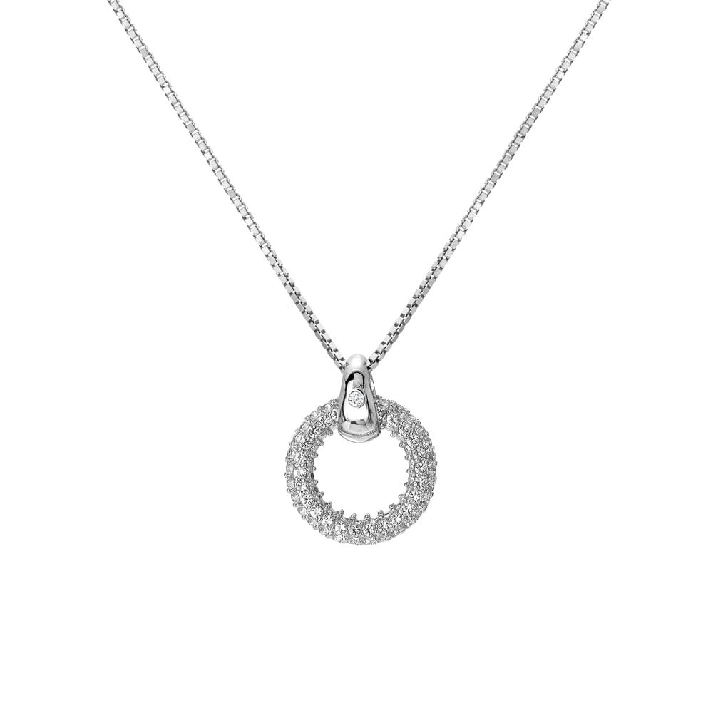 Silver necklace with a circular pendant on a white background